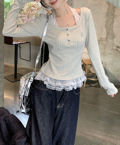 Lace Ladies(レースレディース)の「レース フェイクレイヤード ヘンリーネック リブ トップス(Tシャツ/カットソー・レディース・グレイッシュベージュ・M/XL/S)」の8枚目の写真