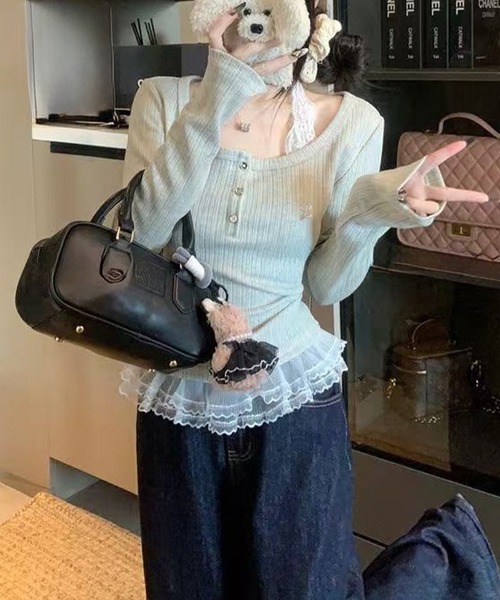 Lace Ladies(レースレディース)の「レース フェイクレイヤード ヘンリーネック リブ トップス(Tシャツ/カットソー・レディース・グレイッシュベージュ・M/XL/S)」の9枚目の写真