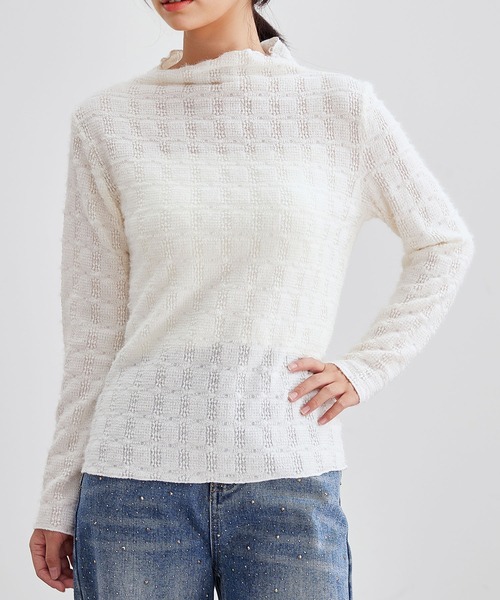 Lace Ladies(レースレディース)の「3D チェック柄 モヘア ニット プルオーバー(ニット/セーター・レディース・グレイッシュベージュ/アイボリー/ブラック/ブラウン/グリーン・FREE)」の2枚目の写真