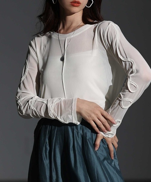 Sawa a la mode（サワアラモード）の「コード刺繍シアートップス（Tシャツ/カットソー・レディース・ブラック/オフホワイト・FREE）」の2枚目の写真