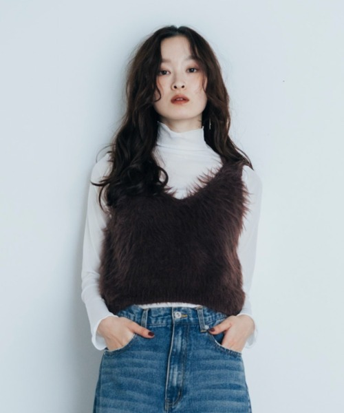 Shelly island（シェリーアイランド）の「フェザーヤーンベスト（ベスト・レディース・ブラウン/チャコールグレー/ホワイト・FREE）」の8枚目の写真