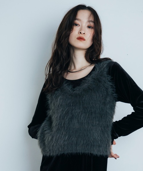 Shelly island（シェリーアイランド）の「フェザーヤーンベスト（ベスト・レディース・ブラウン/チャコールグレー/ホワイト・FREE）」の7枚目の写真