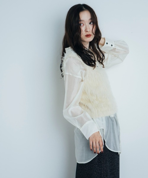 Shelly island（シェリーアイランド）の「フェザーヤーンベスト（ベスト・レディース・ブラウン/チャコールグレー/ホワイト・FREE）」の15枚目の写真