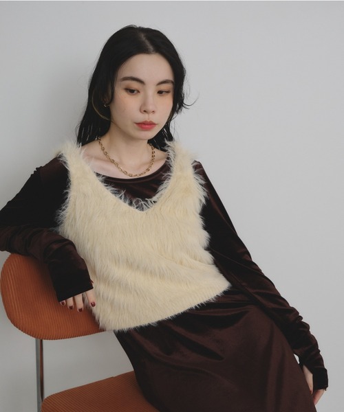 Shelly island（シェリーアイランド）の「フェザーヤーンベスト（ベスト・レディース・ブラウン/チャコールグレー/ホワイト・FREE）」の14枚目の写真