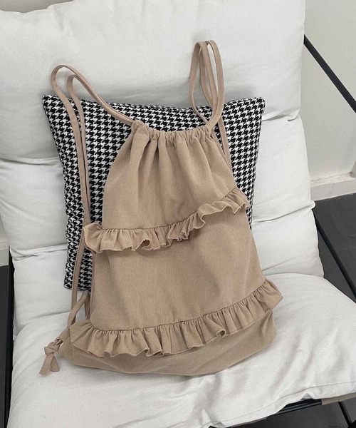 VIBGYOR（ヴィブジョー）の「Liaa/コーデュロイ フリル ナップサック リュック A18700（バックパック/リュック・レディース・ベージュ/ブラウン/カーキ・FREE）」の3枚目の写真