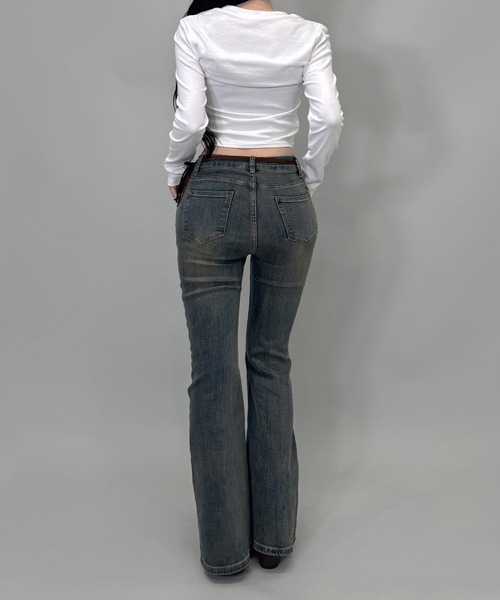 FOLLOWIN（フォロウィン）の「フリンジポーチベルト/ヴィンテージストレッチフレアデニム（デニムパンツ・レディース・ブルー/ブラック・SMALL/MEDIUM/LARGE）」の3枚目の写真