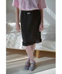 FLOWER FRILL MIDI SKIRT_BLACK
