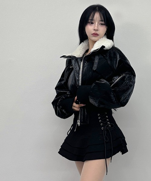 FOLLOWIN ボアカラーフェイクレザームートンショートジャケット セール】ボアカラーフェイクレザームートンショートジャケット