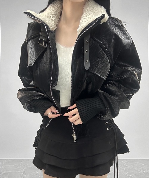 ボアカラーフェイクレザームートンショートジャケット（ライダース