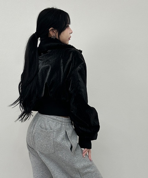 ボアカラーフェイクレザームートンショートジャケット（ライダース