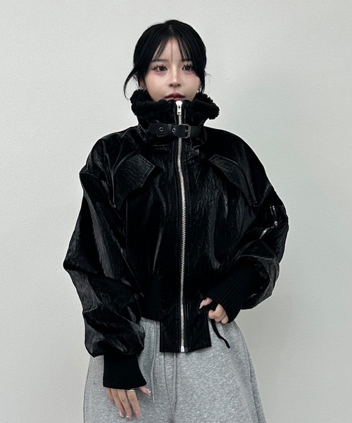 FOLLOWIN ボアカラーフェイクレザームートンショートジャケット セール】ボアカラーフェイクレザームートンショートジャケット