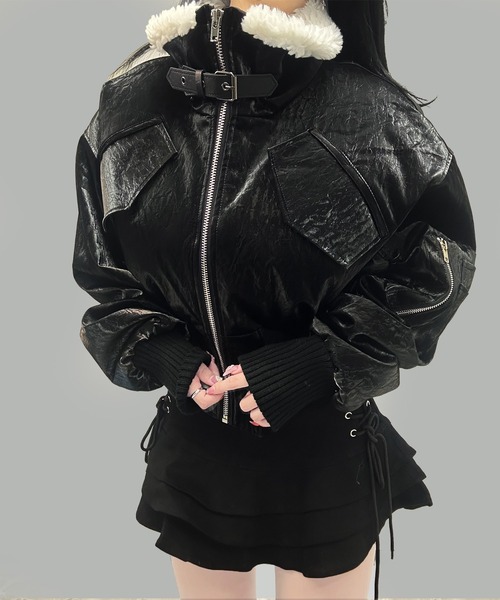 ボアカラーフェイクレザームートンショートジャケット（ライダース