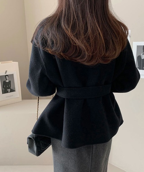 セール】ワイドカラーウエストベルト付きミドル丈コート（チェスター