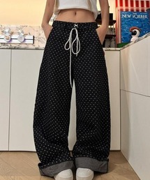 スター柄レースアップワイドデニムパンツ