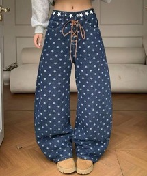 スター柄レースアップワイドデニムパンツ