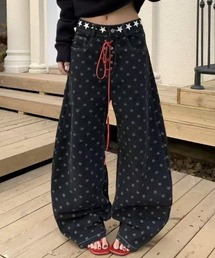 スター柄レースアップワイドデニムパンツ
