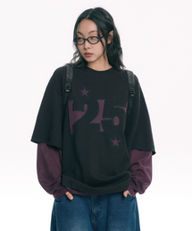 ストライプアプリケレイヤード長袖Tシャツ - ブラック