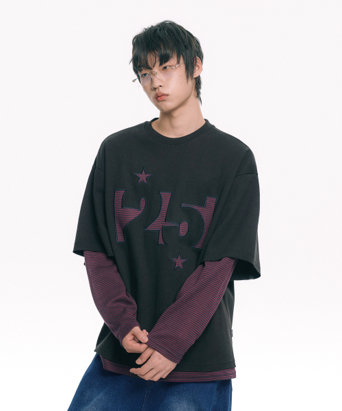 MOO（エムオーオー）の「ストライプアプリケレイヤード長袖Tシャツ - ブラック（Tシャツ/カットソー・メンズ・ブラック・MEDIUM/LARGE）」の3枚目の写真