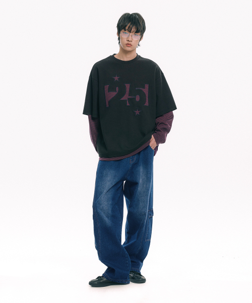 MOO（エムオーオー）の「ストライプアプリケレイヤード長袖Tシャツ - ブラック（Tシャツ/カットソー・メンズ・ブラック・MEDIUM/LARGE）」の4枚目の写真