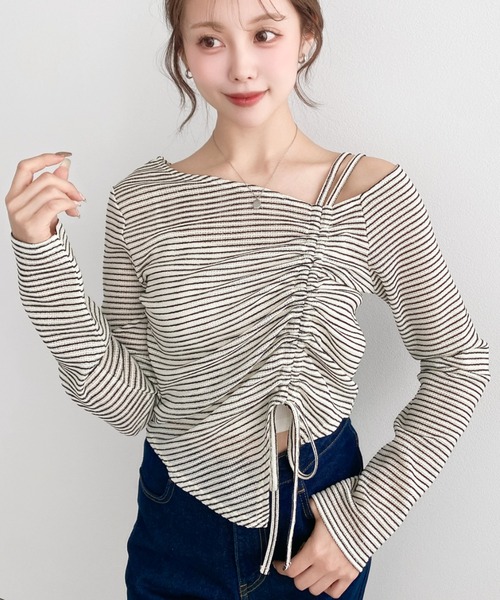 moment+（モーメントプラス）の「シアーボーダー長袖ワンショルドロストリボントップス（シャツ/ブラウス・レディース・ブラック/オフホワイト/ナチュラル・M）」の19枚目の写真