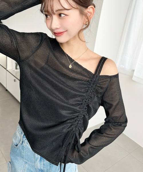 moment+（モーメントプラス）の「シアーボーダー長袖ワンショルドロストリボントップス（シャツ/ブラウス・レディース・ブラック/オフホワイト/ナチュラル・M）」の16枚目の写真