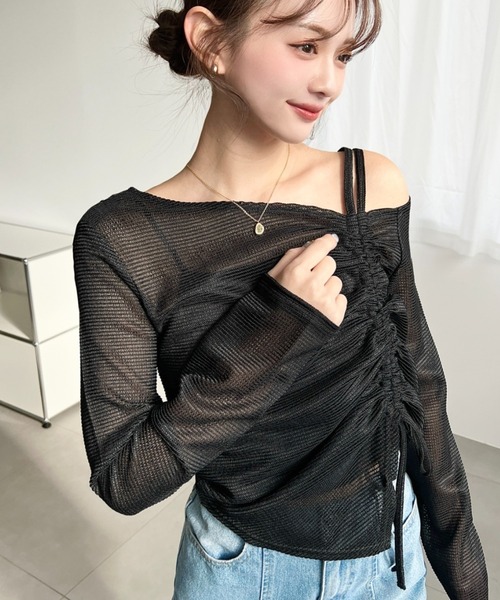 moment+（モーメントプラス）の「シアーボーダー長袖ワンショルドロストリボントップス（シャツ/ブラウス・レディース・ブラック/オフホワイト/ナチュラル・M）」の13枚目の写真