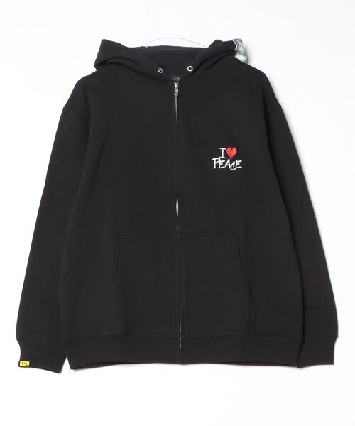 STUD MUFFIN(スタッドマフィン)の「STUD MUFFIN/スタッドマフィン/別注バックPEACE フロントZIPパーカー(パーカー・メンズ・ブラック/ベージュ・2/3)」の1枚目の写真