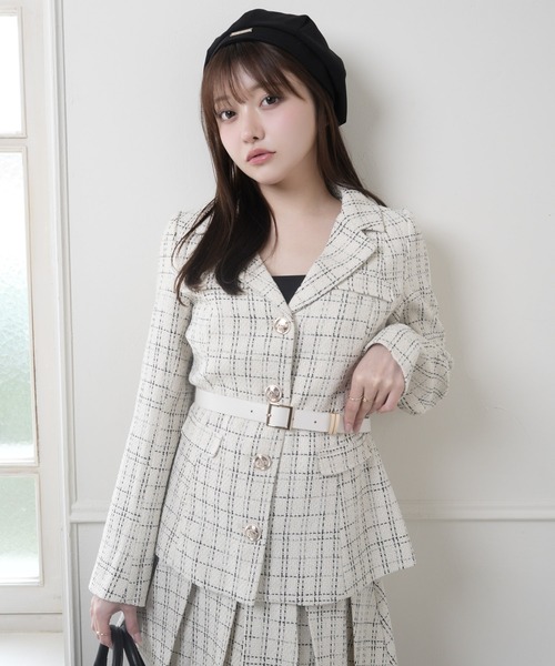 LIPSERVICE(リップサービス)の「ベルト付ツイードミドルジャケット(テーラードジャケット・レディース・アイボリー/ピンク/グレー・S/M)」の2枚目の写真