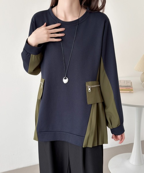 ABITOKYO(アビトーキョー)の「サイド異素材プリーツドッキングプルオーバー(Tシャツ/カットソー・レディース・ネイビー/カーキ/ブラック・FREE)」の3枚目の写真