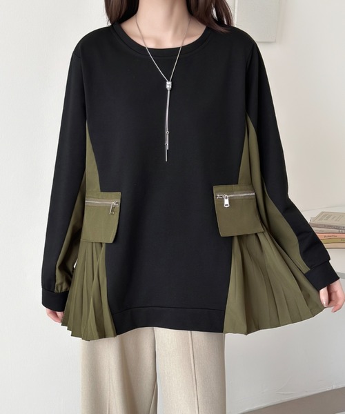 ABITOKYO(アビトーキョー)の「サイド異素材プリーツドッキングプルオーバー(Tシャツ/カットソー・レディース・ネイビー/カーキ/ブラック・FREE)」の1枚目の写真