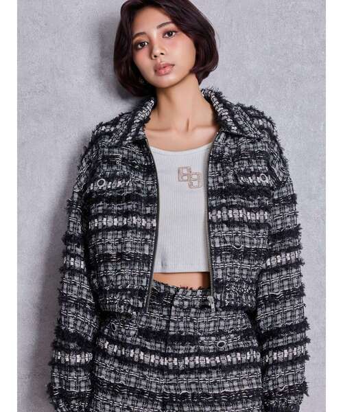 GYDA（ジェイダ）の「Symmetry GYDAラメツイードジャケット（その他アウター・レディース・ブラック/アイボリー/ミント・FREE）」の3枚目の写真