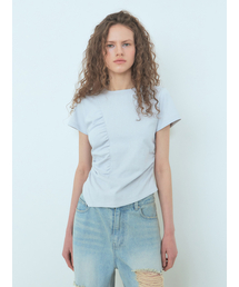 Curved Shirring T-Shirt Blue Grey