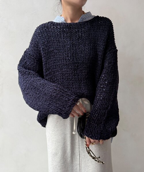 DouDou（ドゥドゥ）の「ハンドメイドテープヤーンニット（ニット/セーター・レディース・ライトグレー/ネイビー/ブルー・FREE）」の16枚目の写真