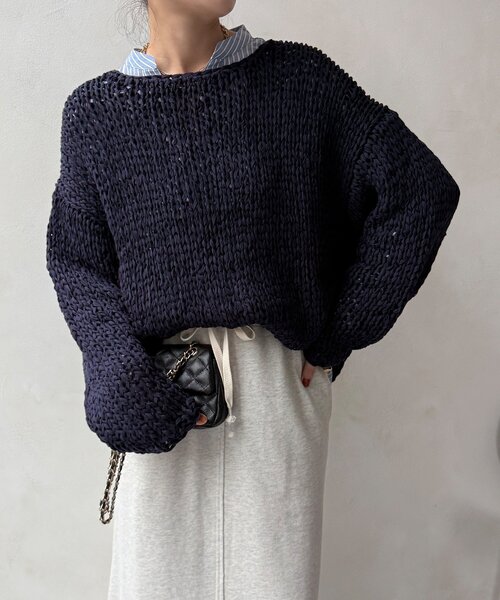 DouDou（ドゥドゥ）の「ハンドメイドテープヤーンニット（ニット/セーター・レディース・ライトグレー/ネイビー/ブルー・FREE）」の17枚目の写真