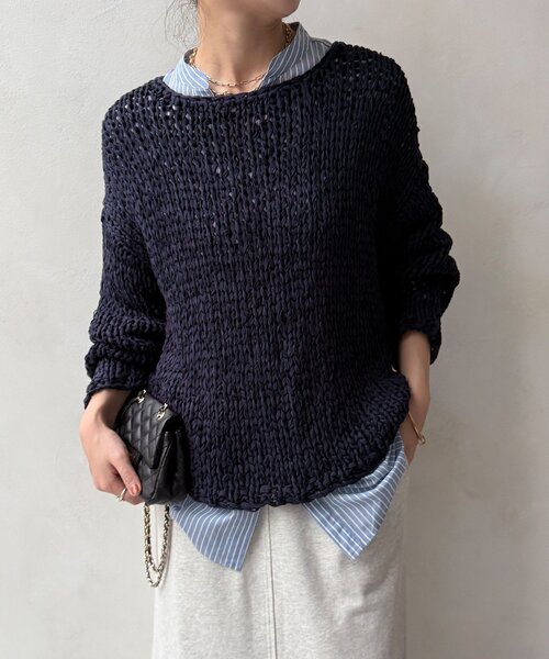 DouDou（ドゥドゥ）の「ハンドメイドテープヤーンニット（ニット/セーター・レディース・ライトグレー/ネイビー/ブルー・FREE）」の18枚目の写真