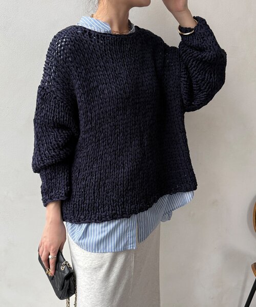 DouDou（ドゥドゥ）の「ハンドメイドテープヤーンニット（ニット/セーター・レディース・ライトグレー/ネイビー/ブルー・FREE）」の19枚目の写真