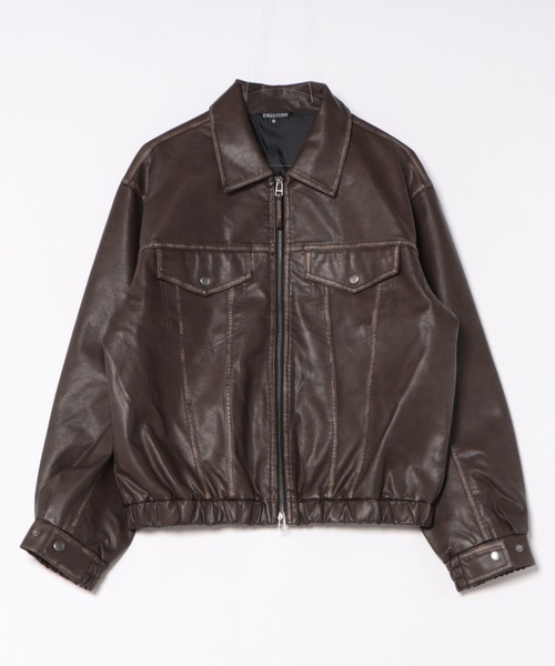 ８(eight)（エイト）の「ヴィンテージ加工PUジップGジャン（ブルゾン・メンズ・ブラック/ブラウン・LARGE/MEDIUM）」の2枚目の写真