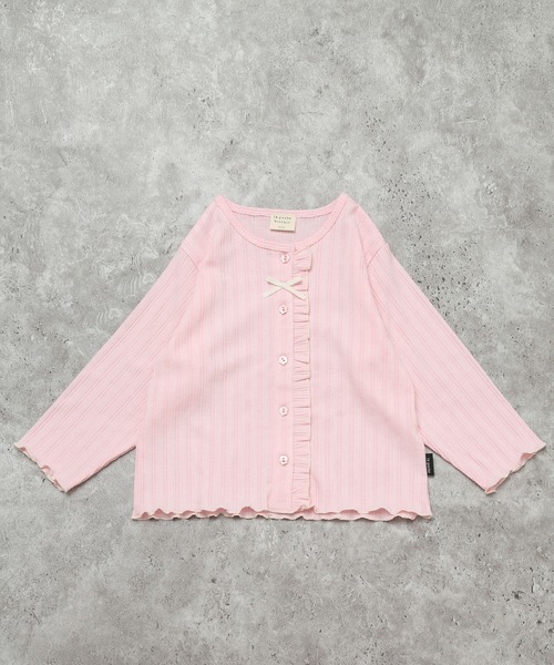 la poche biscuit（ラポシェビスキュイ）の「【UV・冷房対策/お花ボタン】リボン付き リブカーディガン（七分袖）（カーディガン/ボレロ・キッズ・オフホワイト/サックスブルー/ピンク・100/120/110/130/80/90/140）」の3枚目の写真