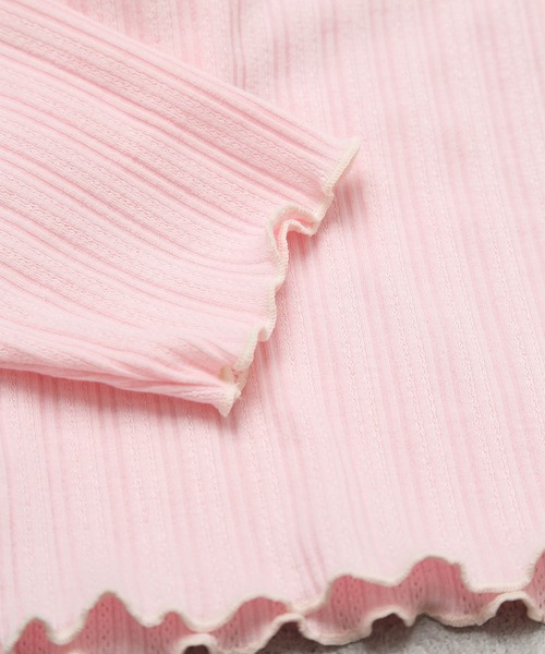 la poche biscuit（ラポシェビスキュイ）の「【UV・冷房対策/お花ボタン】リボン付き リブカーディガン（七分袖）（カーディガン/ボレロ・キッズ・オフホワイト/サックスブルー/ピンク・100/120/110/130/80/90/140）」の5枚目の写真