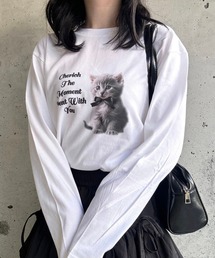 英字リボン子猫ロンT/長袖Tシャツ