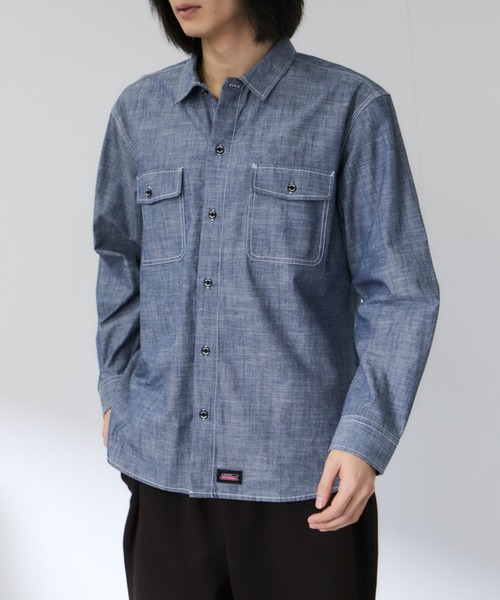 Mac-House(マックハウス)の「GENUINE Dickies コットンシャンブレー ダブルポケット 長袖ワークシャツ(シャツ/ブラウス・メンズ・オフホワイト/ブルー/ブラック・M/L/XL)」の3枚目の写真