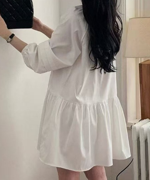 Ada.(エイダ)の「【Mellfy】ウエスト切替 ティアード風 フレア シャツワンピース(シャツワンピース・レディース・ホワイト/ブラック・FREE)」の4枚目の写真