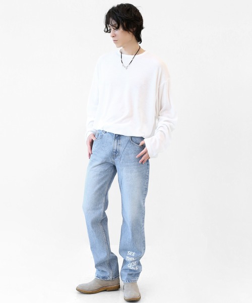 minsobi（ミンソビ）の「ストレートフィット レタリングデニムパンツ S/M/L（デニムパンツ・メンズ・ブルー・MEDIUM/SMALL/LARGE）」の3枚目の写真