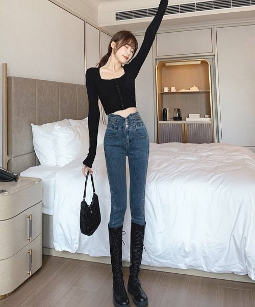 Teem Store(チームストア)の「ハイウエストスキニーデニム 体型盛れ 美脚(デニムパンツ・レディース・ブルー/チャコール/ブラック・S/M)」の9枚目の写真