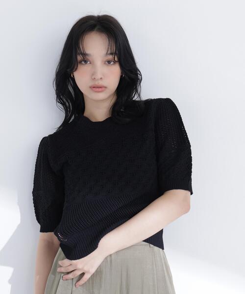 NATURAL BEAUTY BASIC(ナチュラルビューティーベーシック)の「パッチワークニット(ニット/セーター・レディース・オレンジ/オフホワイト/ブラック・フリ-)」の1枚目の写真