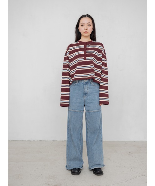 YOOU(ユー)の「ボーダーカットソー/ヘンリーネックデザイン × クロップド丈ルーズシルエット(Tシャツ/カットソー・レディース・グレー/ベージュ/ブラウン・FREE)」の15枚目の写真