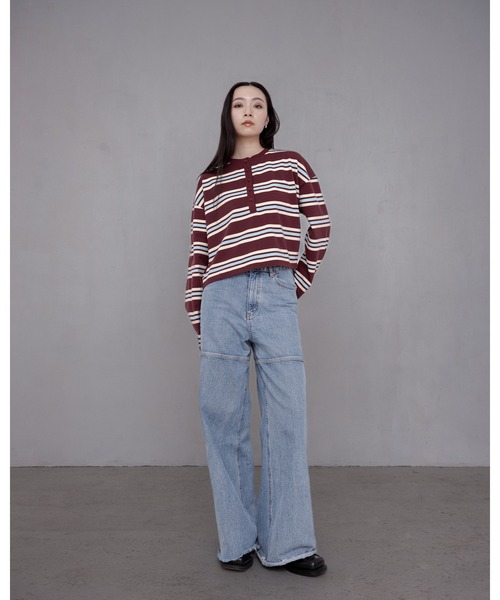 YOOU(ユー)の「ボーダーカットソー/ヘンリーネックデザイン × クロップド丈ルーズシルエット(Tシャツ/カットソー・レディース・グレー/ベージュ/ブラウン・FREE)」の18枚目の写真