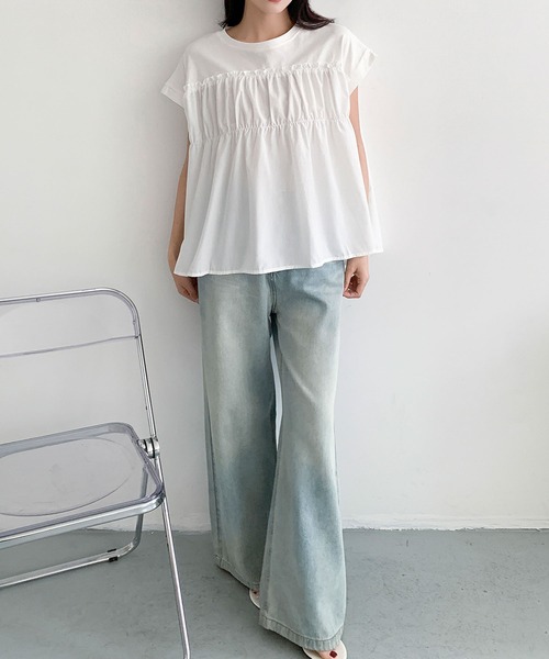 LOWO(ロワ)の「ドッキングギャザーフレア半袖トップス(Tシャツ/カットソー・レディース・ホワイト/ネイビー/ブラック・FREE)」の6枚目の写真