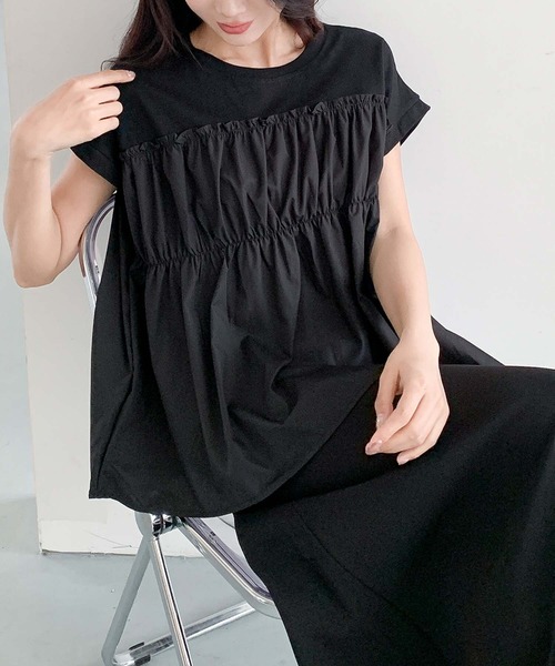 LOWO(ロワ)の「ドッキングギャザーフレア半袖トップス(Tシャツ/カットソー・レディース・ホワイト/ネイビー/ブラック・FREE)」の14枚目の写真