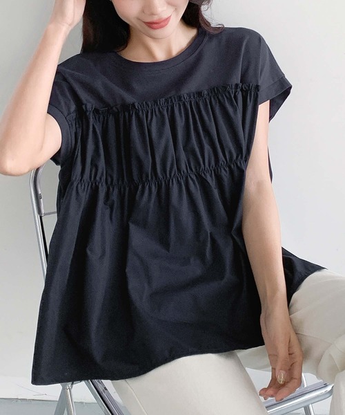 LOWO(ロワ)の「ドッキングギャザーフレア半袖トップス(Tシャツ/カットソー・レディース・ホワイト/ネイビー/ブラック・FREE)」の16枚目の写真